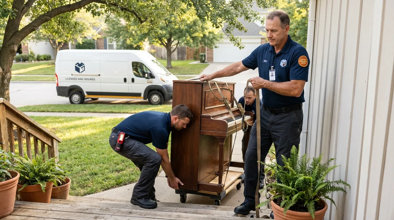 Licensed piano movers securing grand piano in Abbeville, SC
