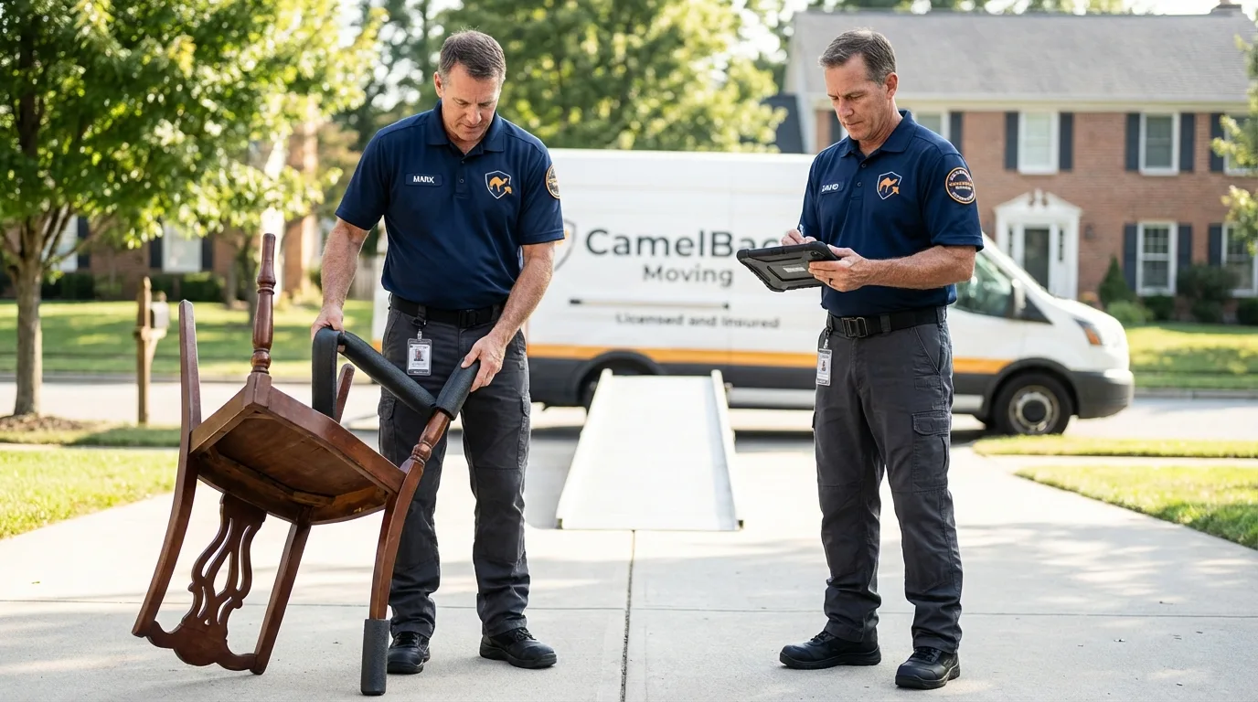 Movers inspecting furniture for damage prevention before loading in Abbeville, SC