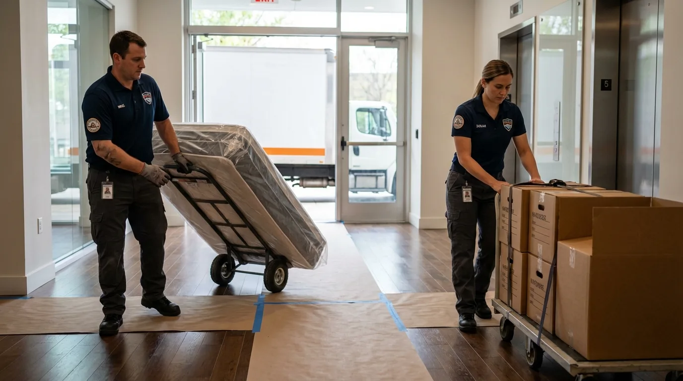 Professional apartment movers loading elevator in Abbeville, SC