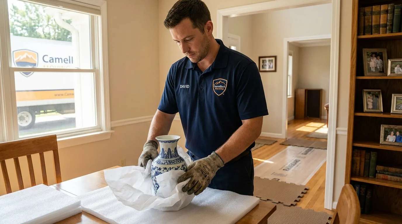 Professional crew carefully wrapping antique vase for senior downsizing move in Abbeville, SC